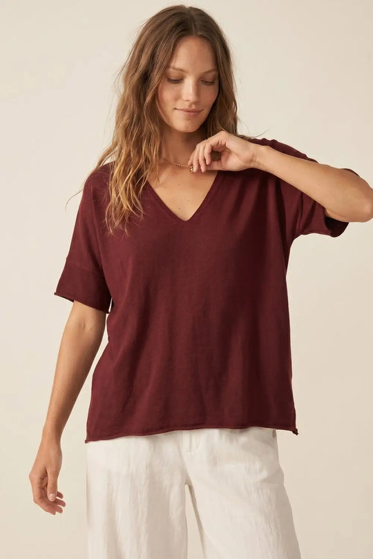 Burgundy Relaxed V-Neck Short Sleeve Knit Top - MAROON / ONE - Sweaters