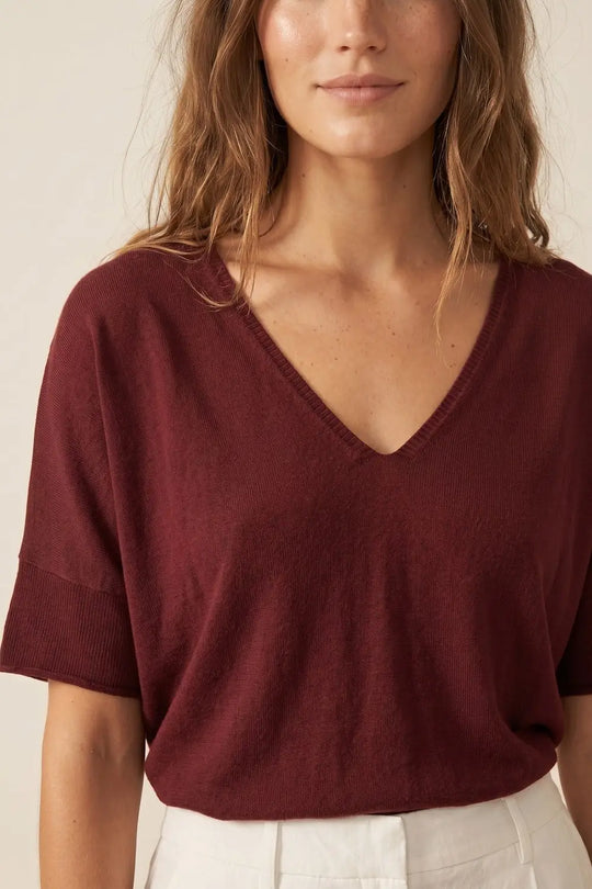 Burgundy Relaxed V-Neck Short Sleeve Knit Top - MAROON / ONE - Sweaters
