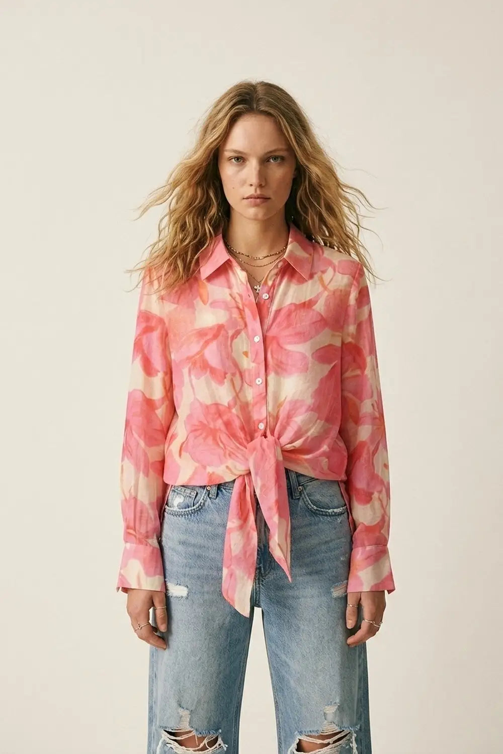 Pink Floral Print Long Sleeve Button-Up Shirt - Shirts
