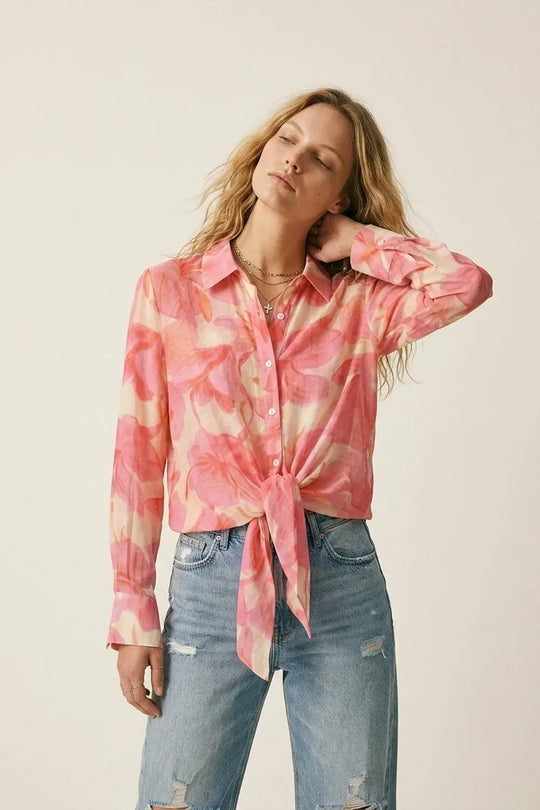 Pink Floral Print Long Sleeve Button-Up Shirt - Shirts