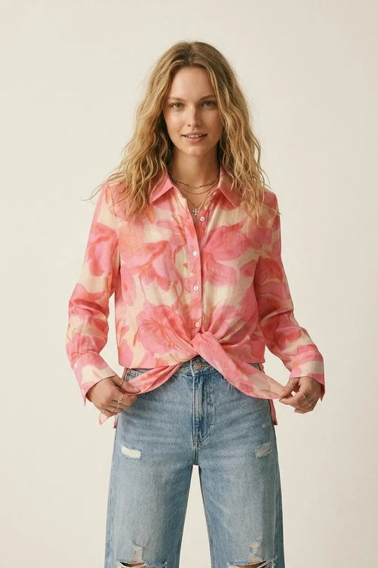 Pink Floral Print Long Sleeve Button-Up Shirt - Shirts