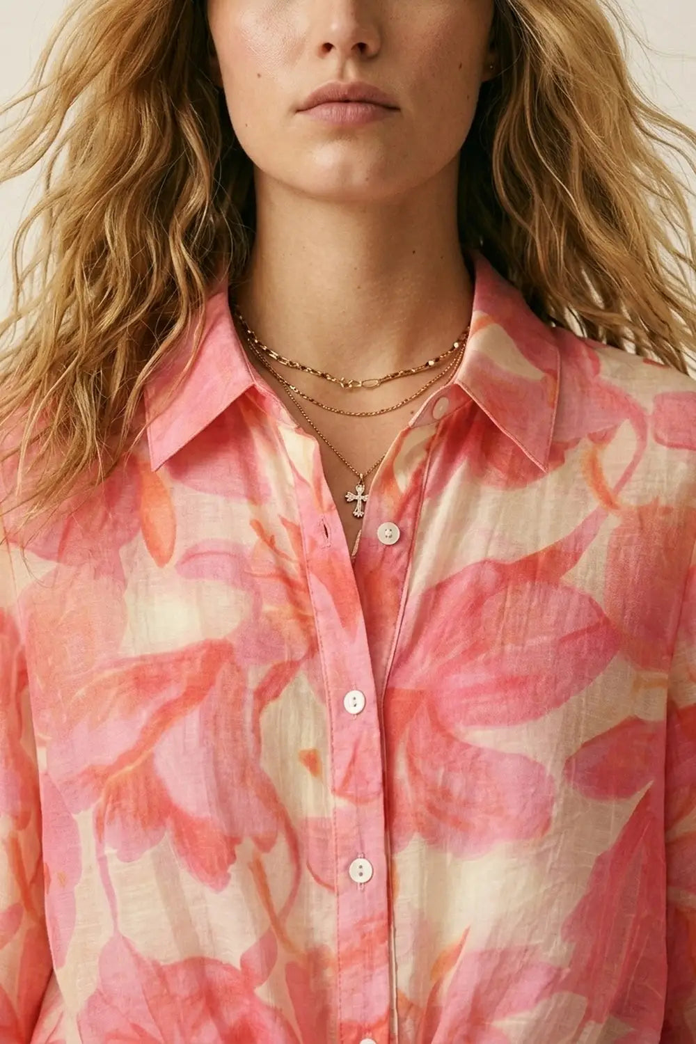 Pink Floral Print Long Sleeve Button-Up Shirt - Shirts