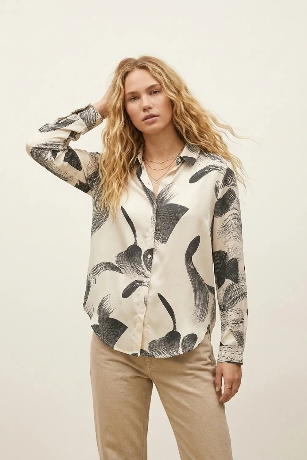 Cream abstract Printed satin Relaxed Fit Shirt - Shirts