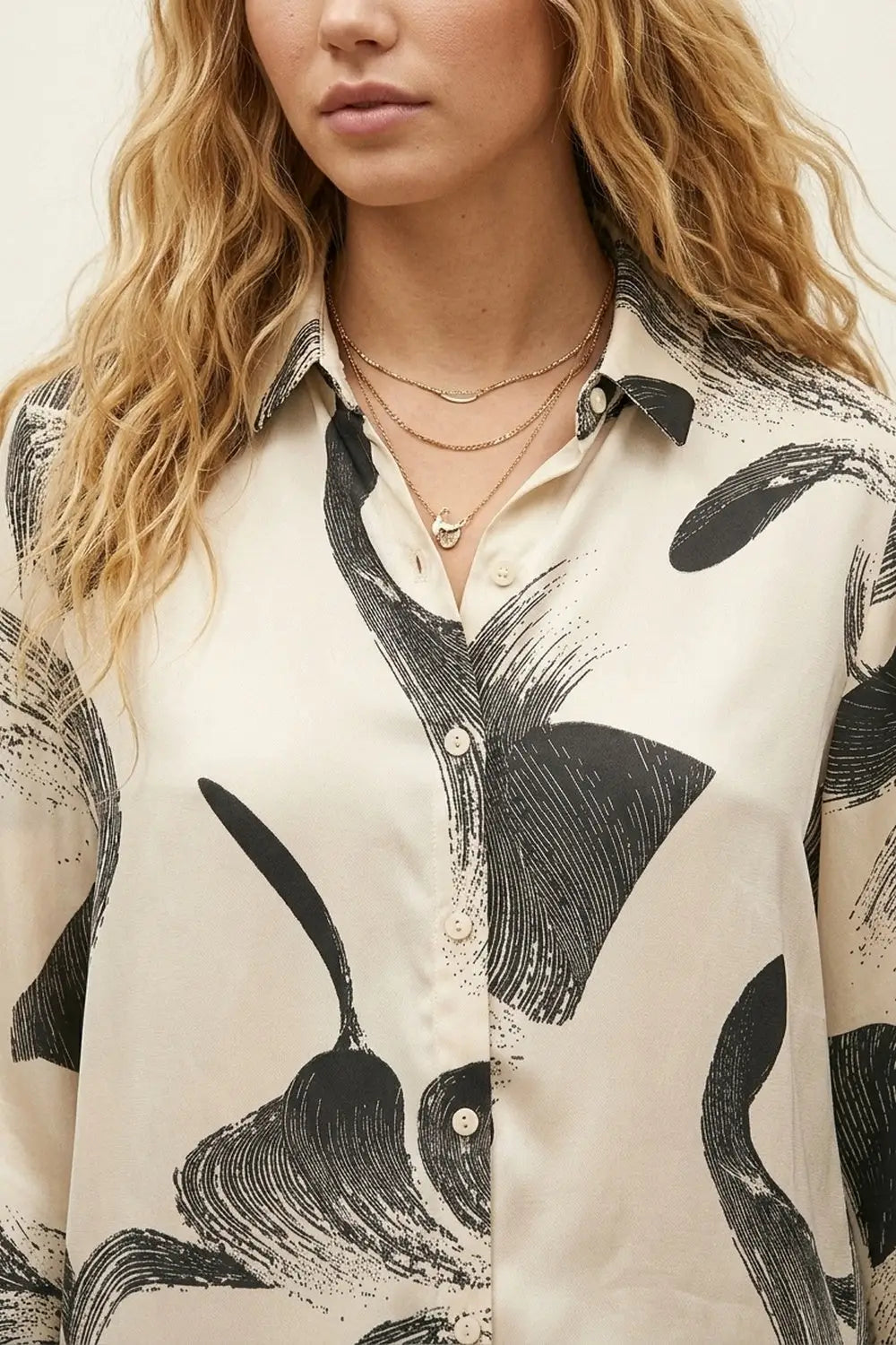 Cream abstract Printed satin Relaxed Fit Shirt - Shirts