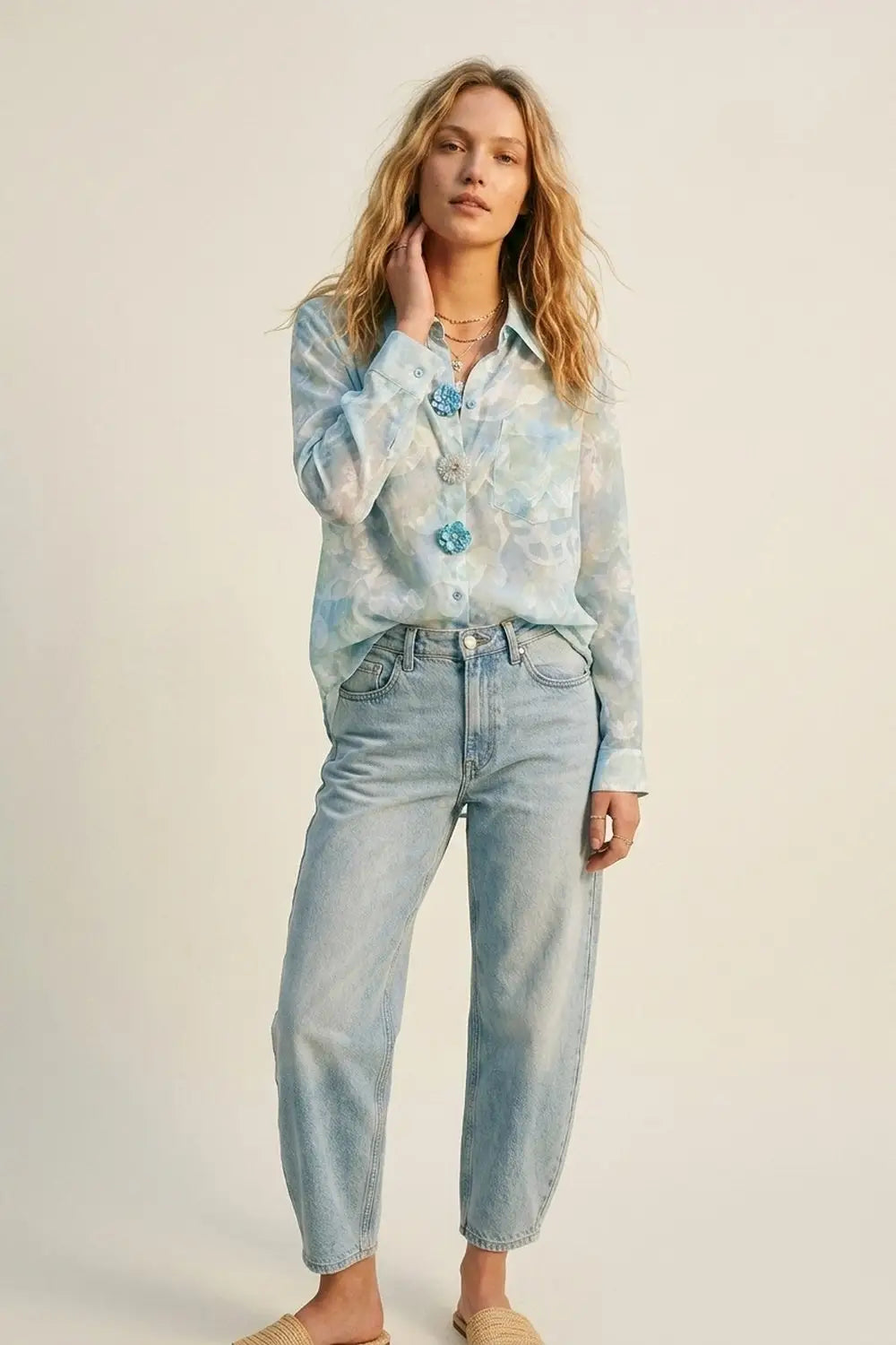 chiffon Lightweight Floral Print Button-Up Shirt in light blue - Shirts