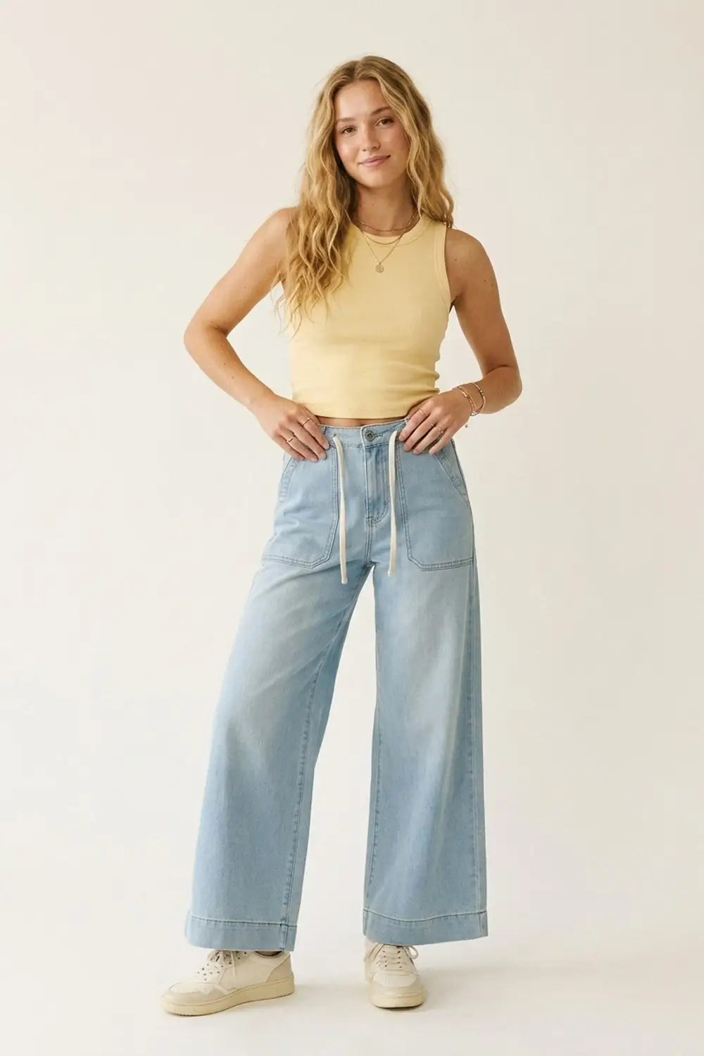 Light Blue Wide-Leg Denim Pants with Drawstring Waist