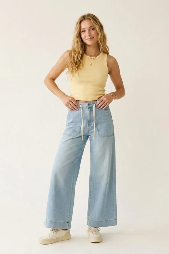 Light Blue Wide-Leg Denim Pants with Drawstring Waist