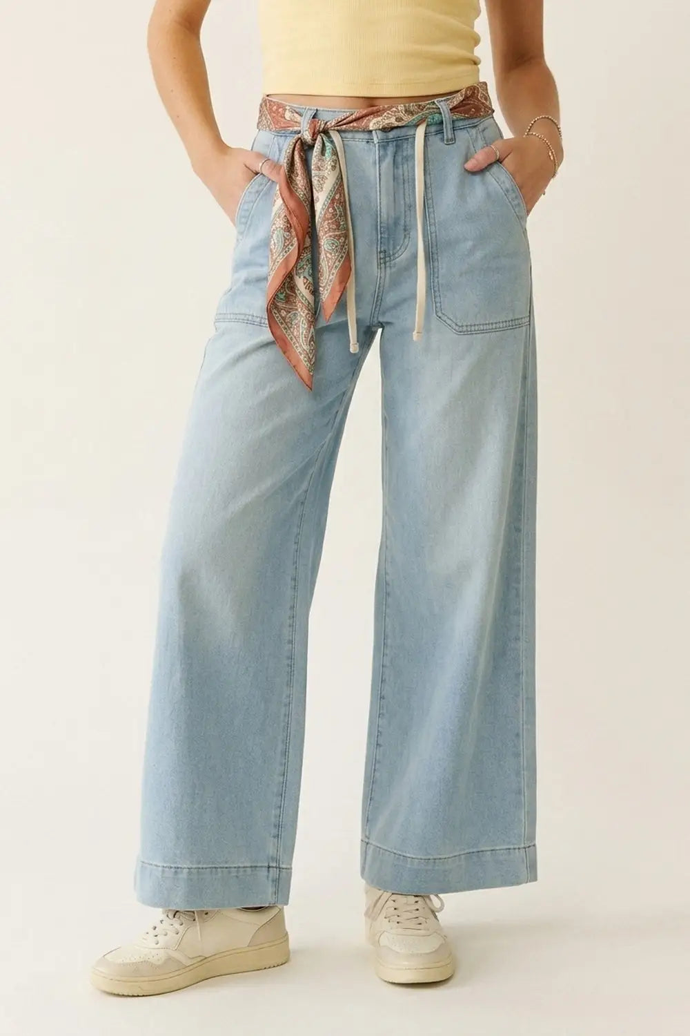 Light Blue Wide-Leg Denim Pants with Drawstring Waist