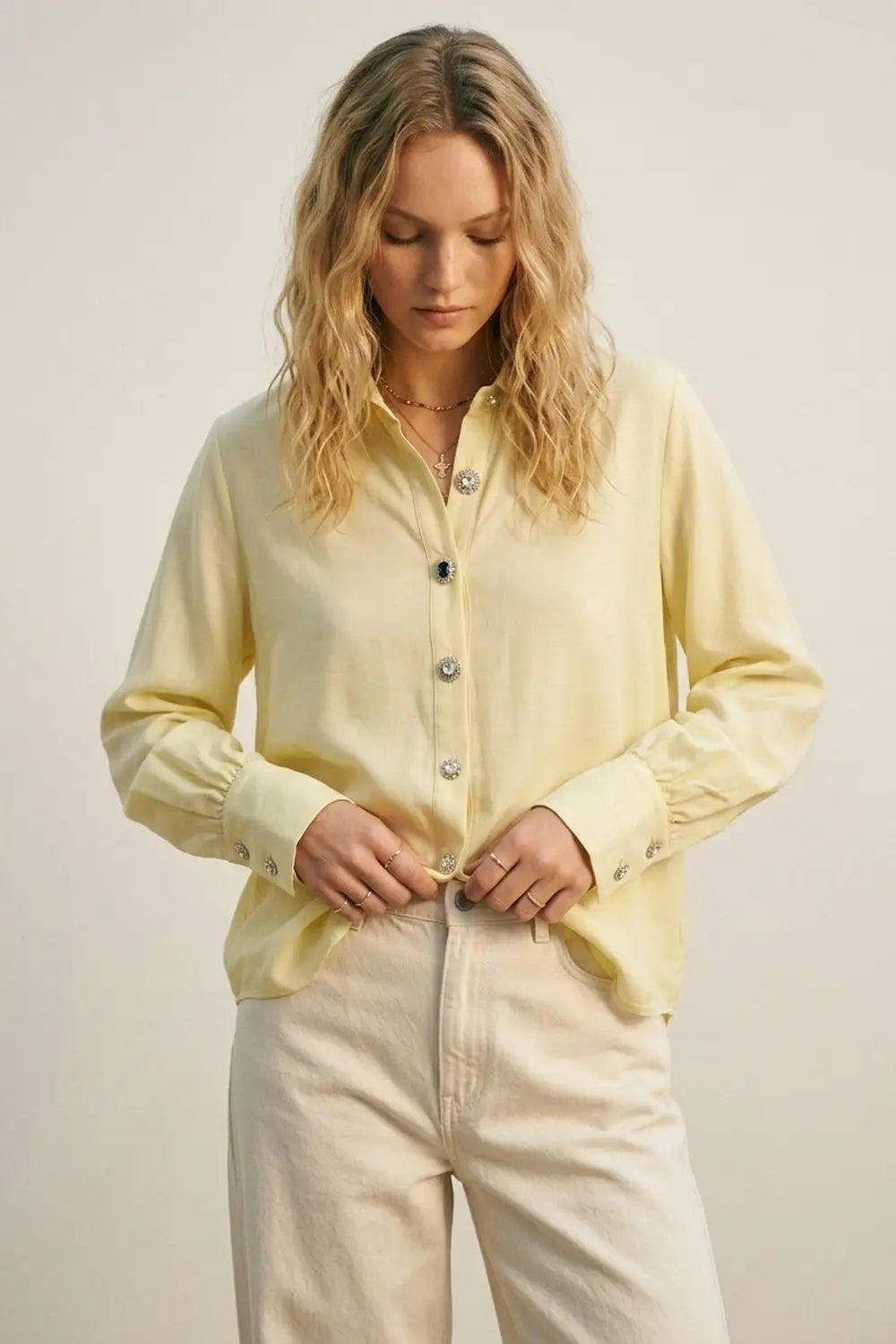 Butter Yellow Button-Up Shirt with buttons on cuff - Shirts