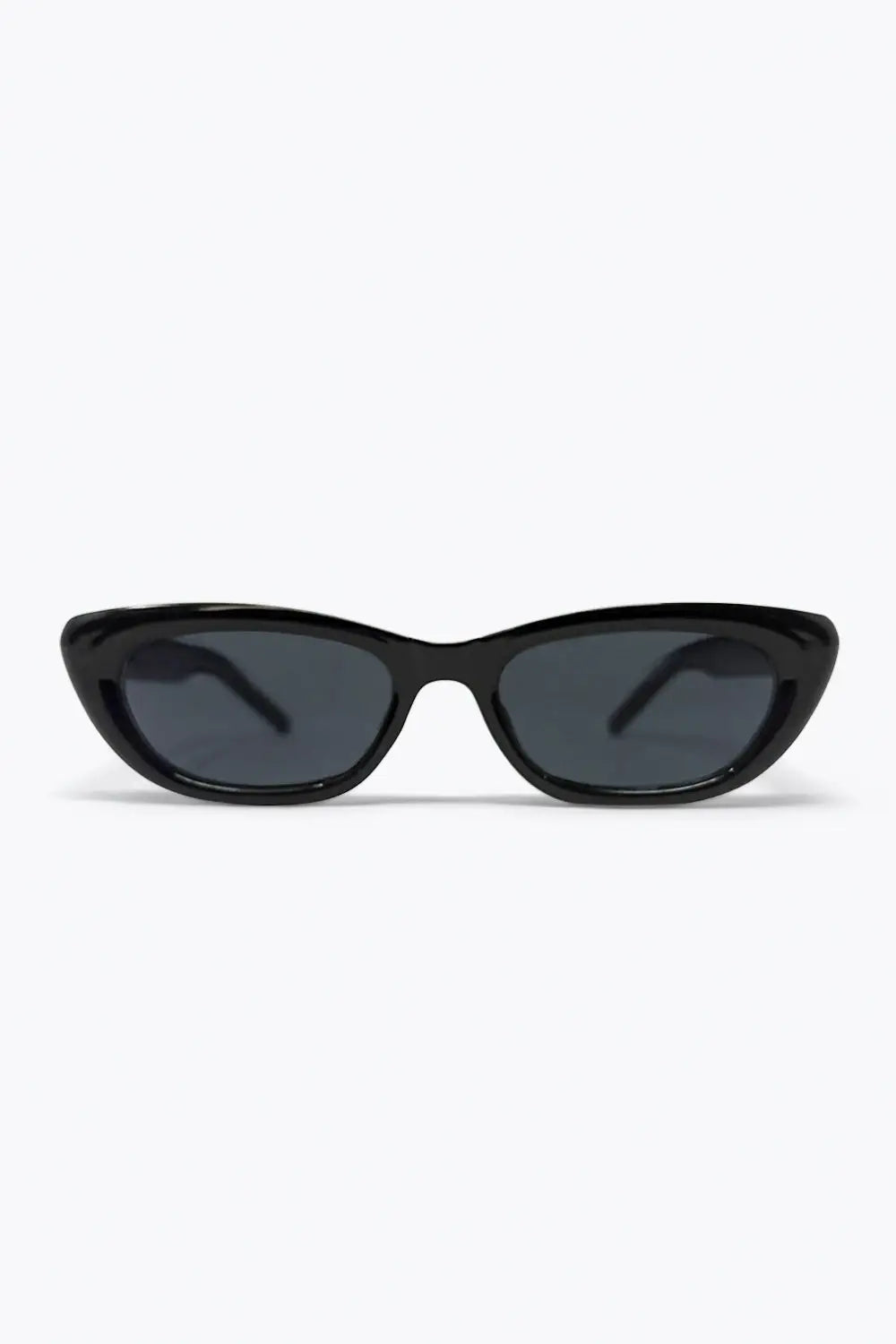 Black Glossy Cat Eye Metal Logo Detail Slim Sunglasses - BLACK / ONE - Sunglasses