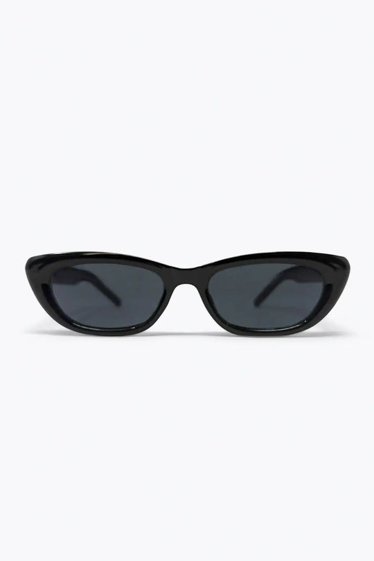Black Glossy Cat Eye Metal Logo Detail Slim Sunglasses - BLACK / ONE - Sunglasses
