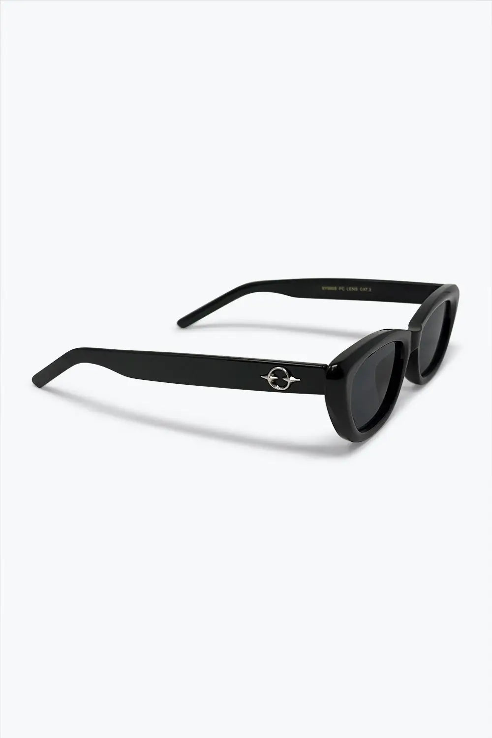 Black Glossy Cat Eye Metal Logo Detail Slim Sunglasses - BLACK / ONE - Sunglasses