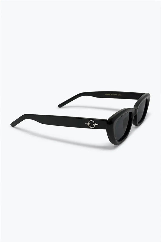 Black Glossy Cat Eye Metal Logo Detail Slim Sunglasses - BLACK / ONE - Sunglasses