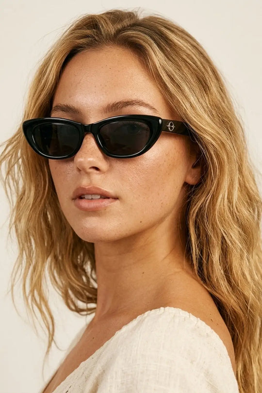 Black Glossy Cat Eye Metal Logo Detail Slim Sunglasses - BLACK / ONE - Sunglasses