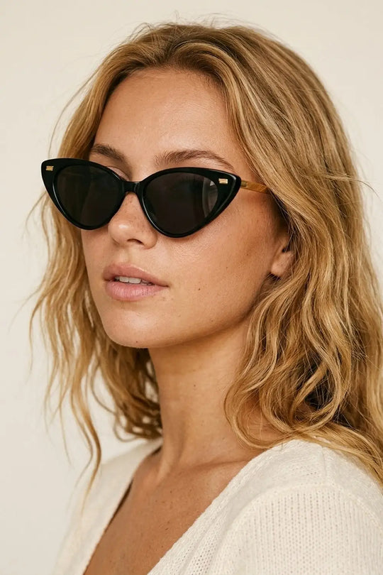 Black Cat Eye Glossy Frame Gold Detail Sunglasses - BLACK / ONE - Sunglasses