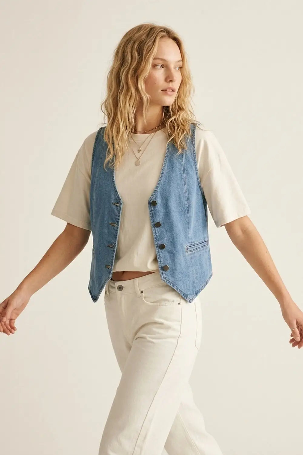 Light Blue Denim Vest with Button Closure - Jackets