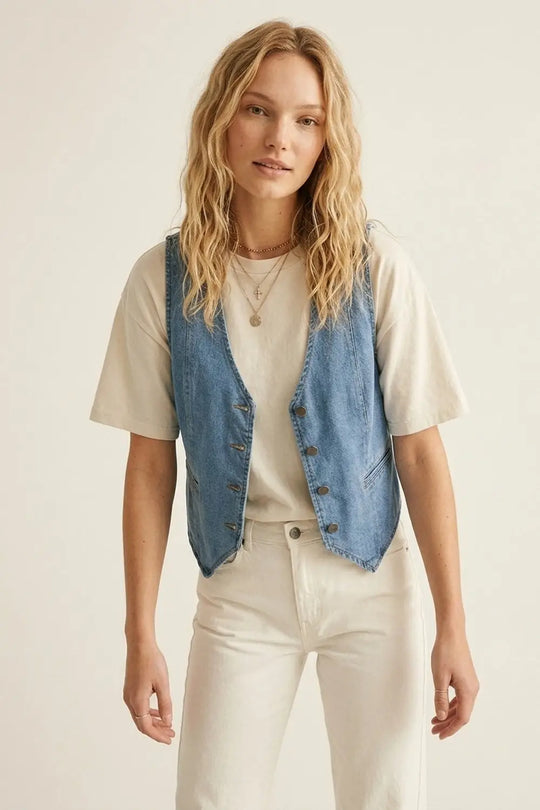 Light Blue Denim Vest with Button Closure - Jackets