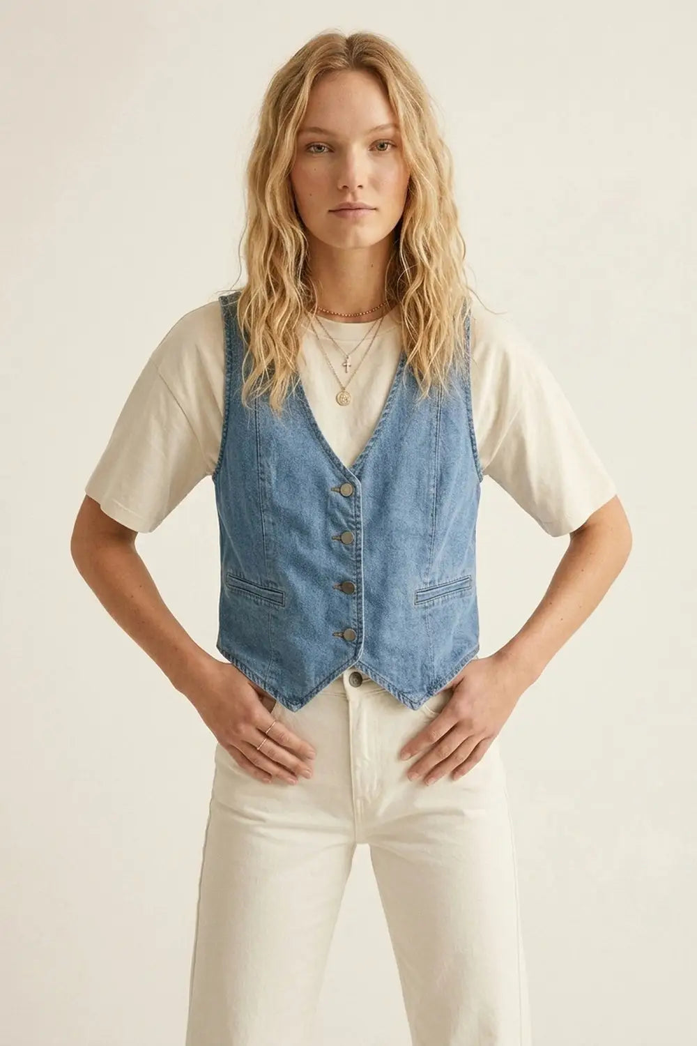 Light Blue Denim Vest with Button Closure - Jackets
