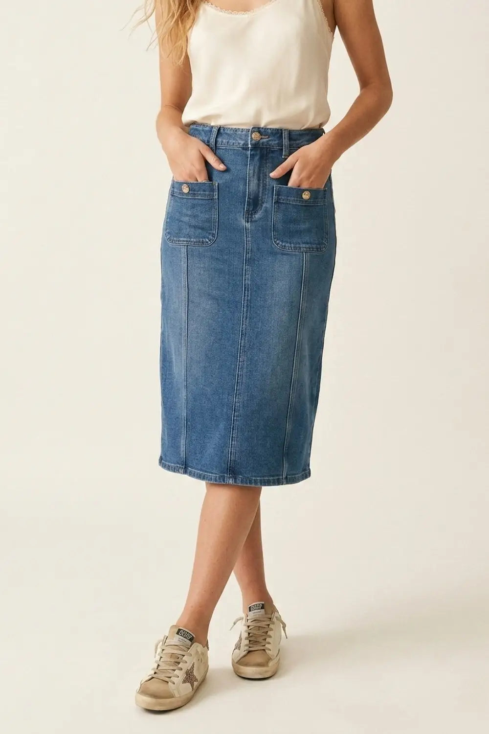Mid Wash Denim Midi Skirt with Front Patch Pockets - Skirts