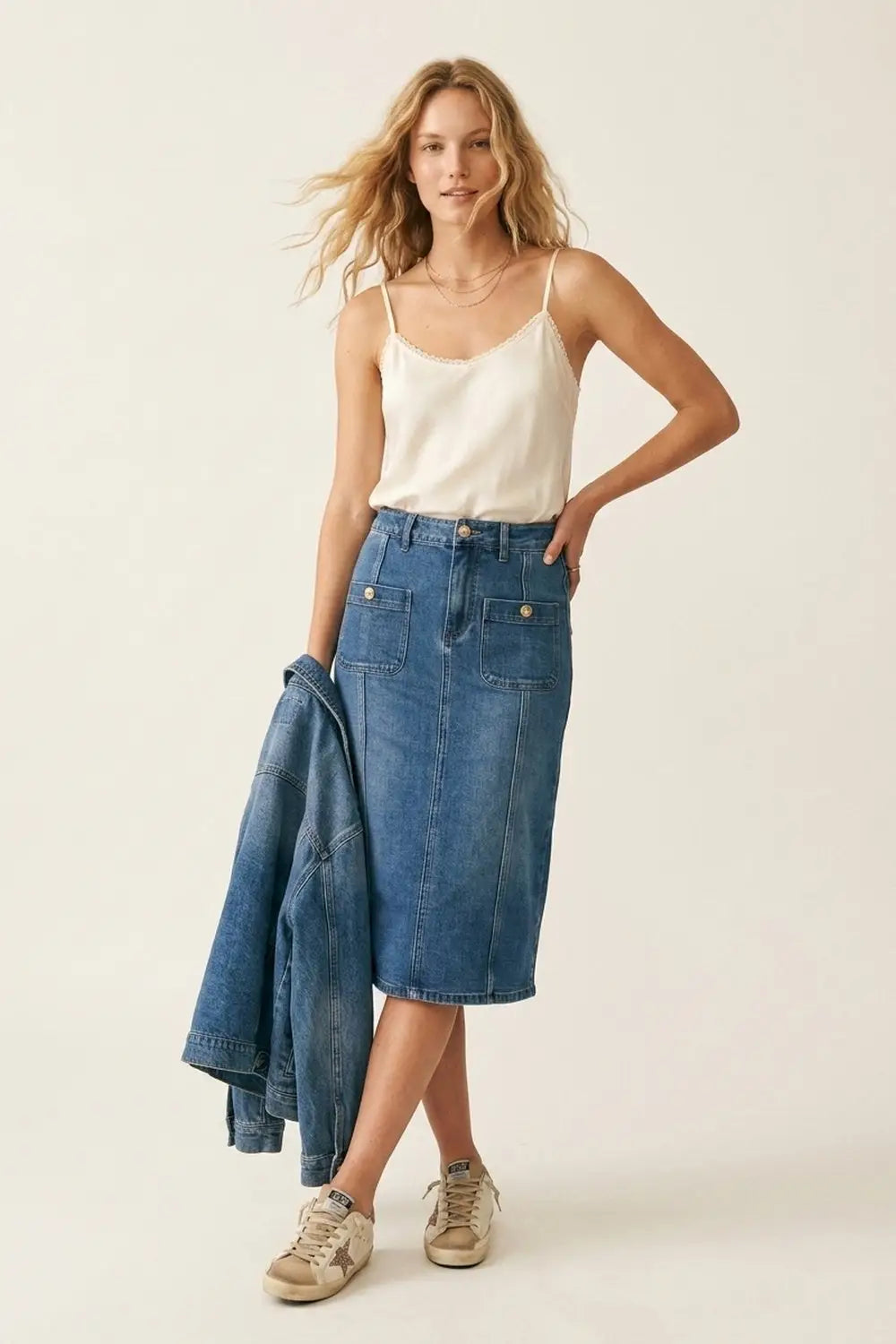 Mid Wash Denim Midi Skirt with Front Patch Pockets - Skirts