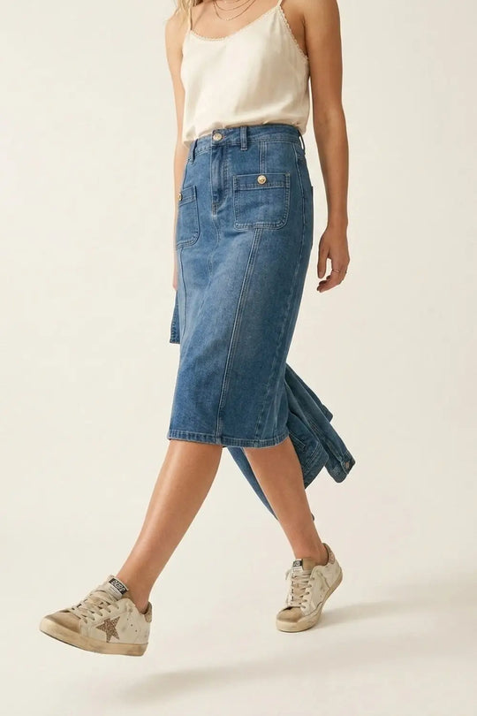 Mid Wash Denim Midi Skirt with Front Patch Pockets - Skirts