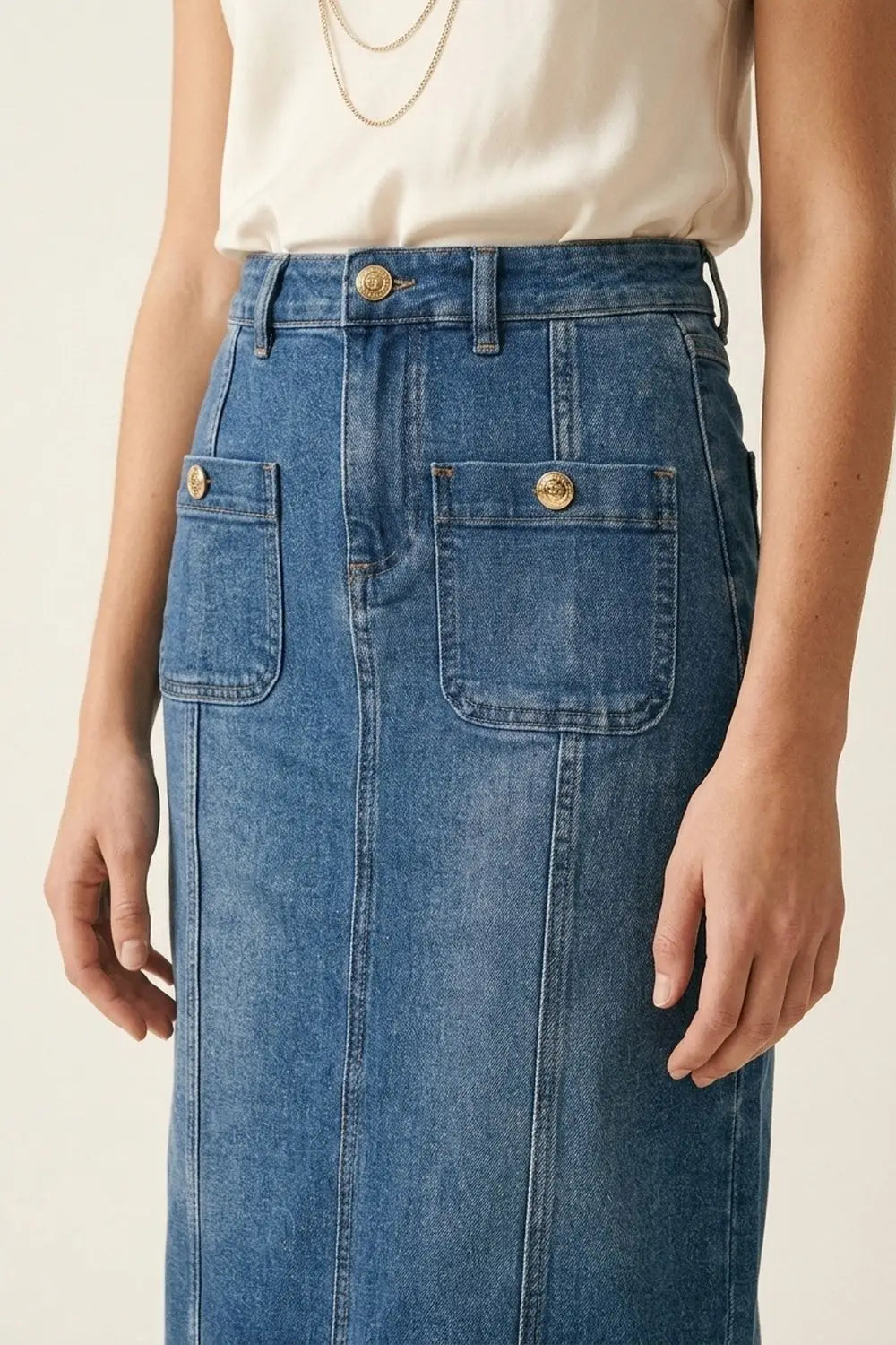 Mid Wash Denim Midi Skirt with Front Patch Pockets - Skirts