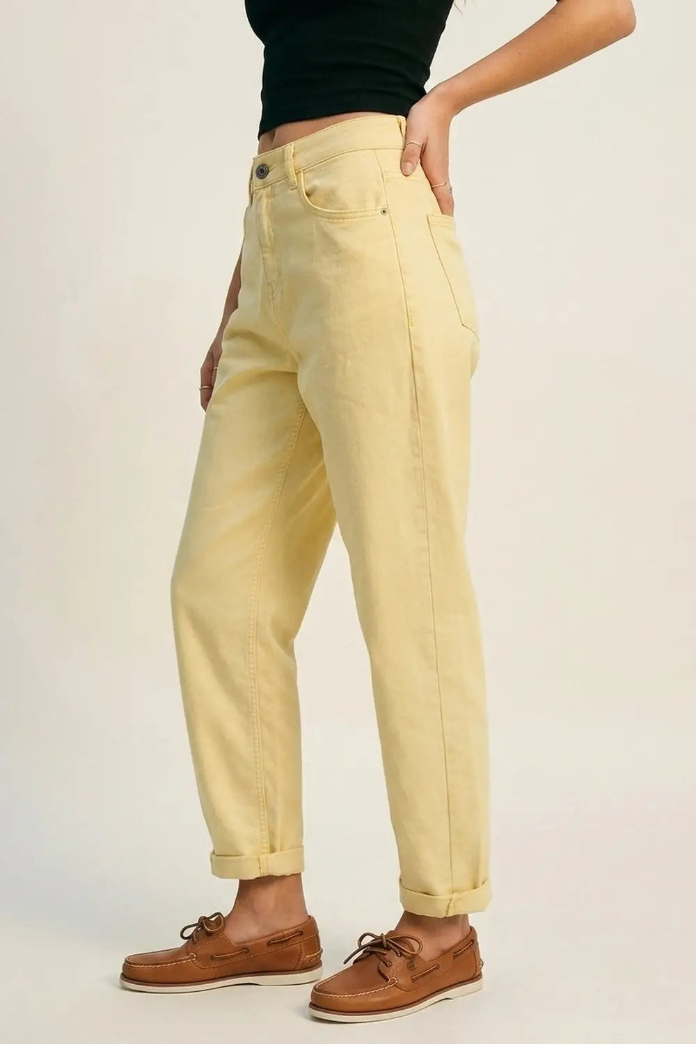 High-Rise Barrel-Leg Pants With Rolled Hem in Yellow - Colored Jeans