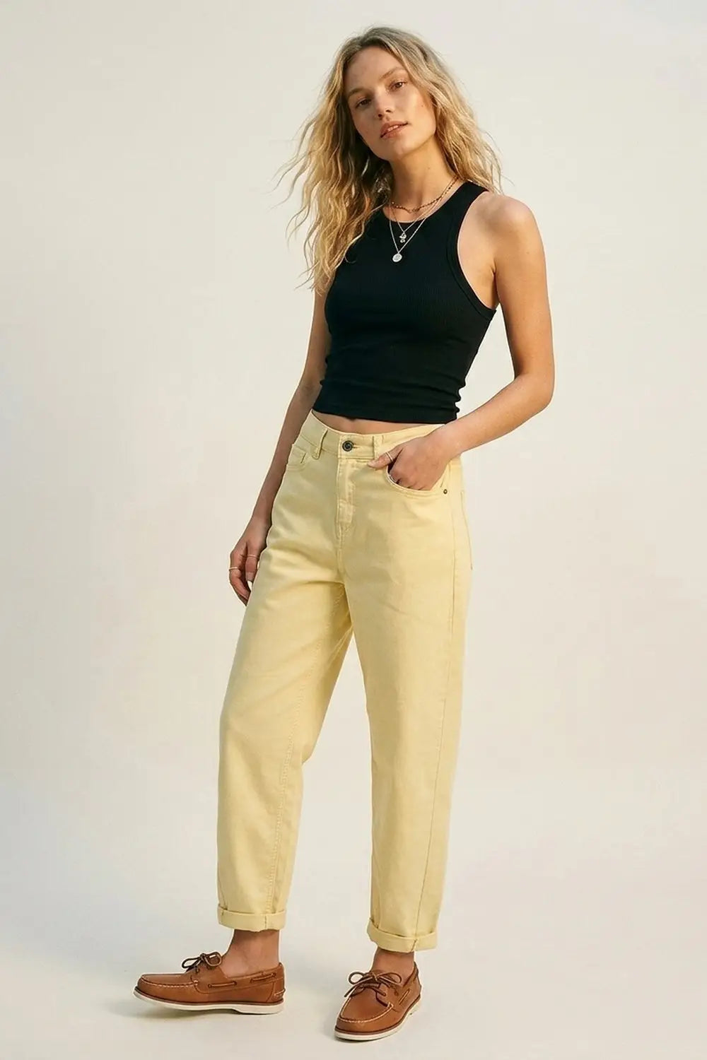 High-Rise Barrel-Leg Pants With Rolled Hem in Yellow - Colored Jeans