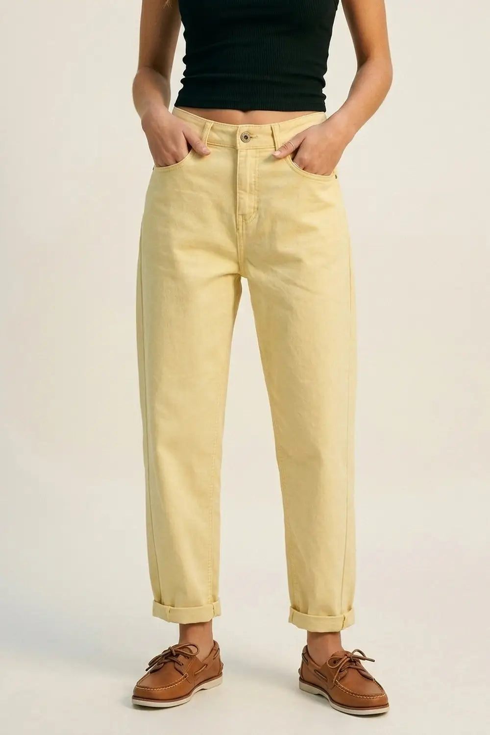 High-Rise Barrel-Leg Pants With Rolled Hem in Yellow - Colored Jeans
