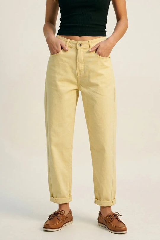 High-Rise Barrel-Leg Pants With Rolled Hem in Yellow - Colored Jeans