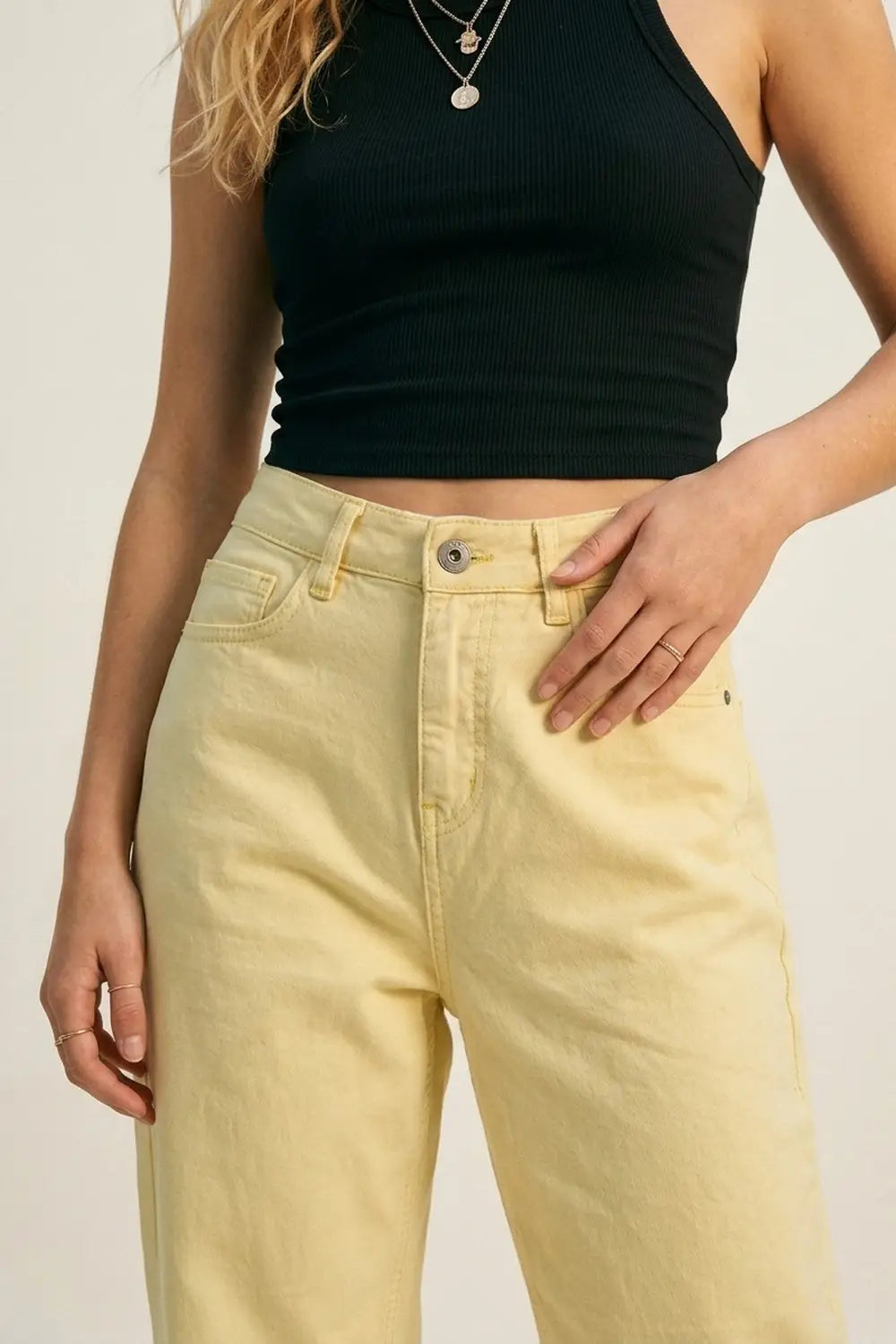 High-Rise Barrel-Leg Pants With Rolled Hem in Yellow - Colored Jeans