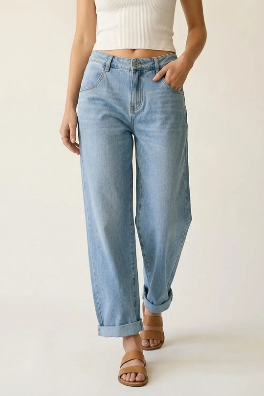 Light Wash Straight Leg Stretch Jeans With Rolled Hem