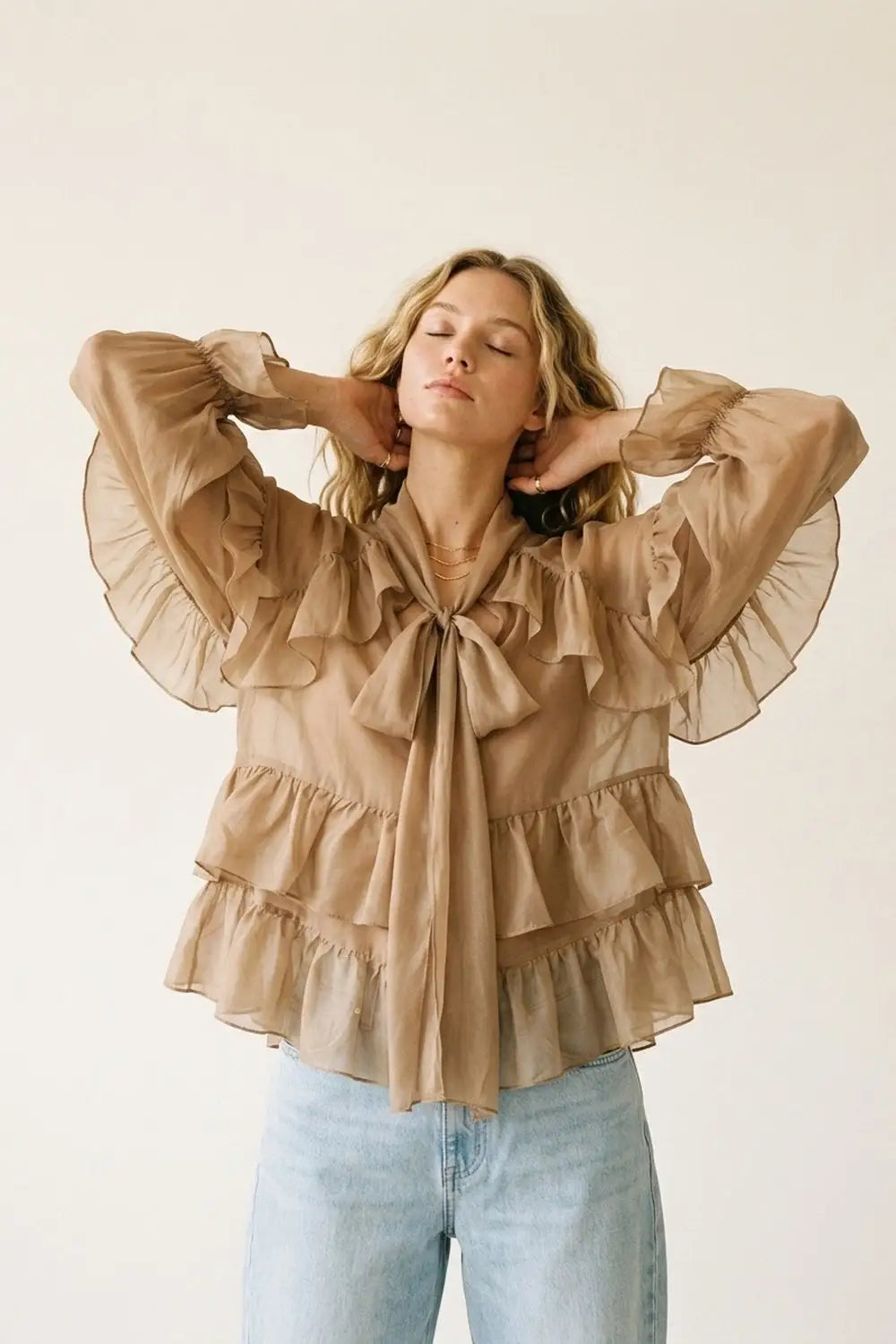 Camel Ruffled Sheer Blouse in chiffon fabric - Shirts