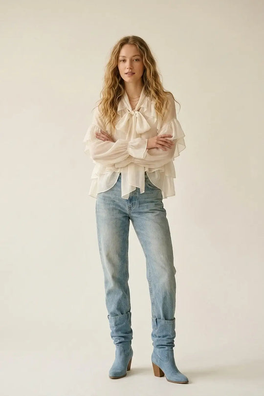 Cream Ruffled Sheer Blouse in chiffon fabric - Shirts