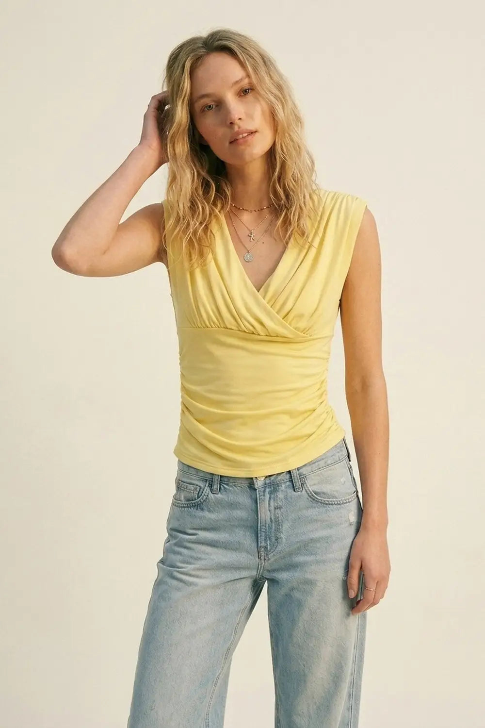Yellow Wrap Front Sleeveless rouched Top - Tops