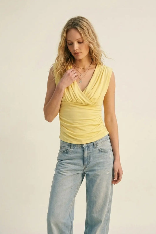 Yellow Wrap Front Sleeveless rouched Top - Tops
