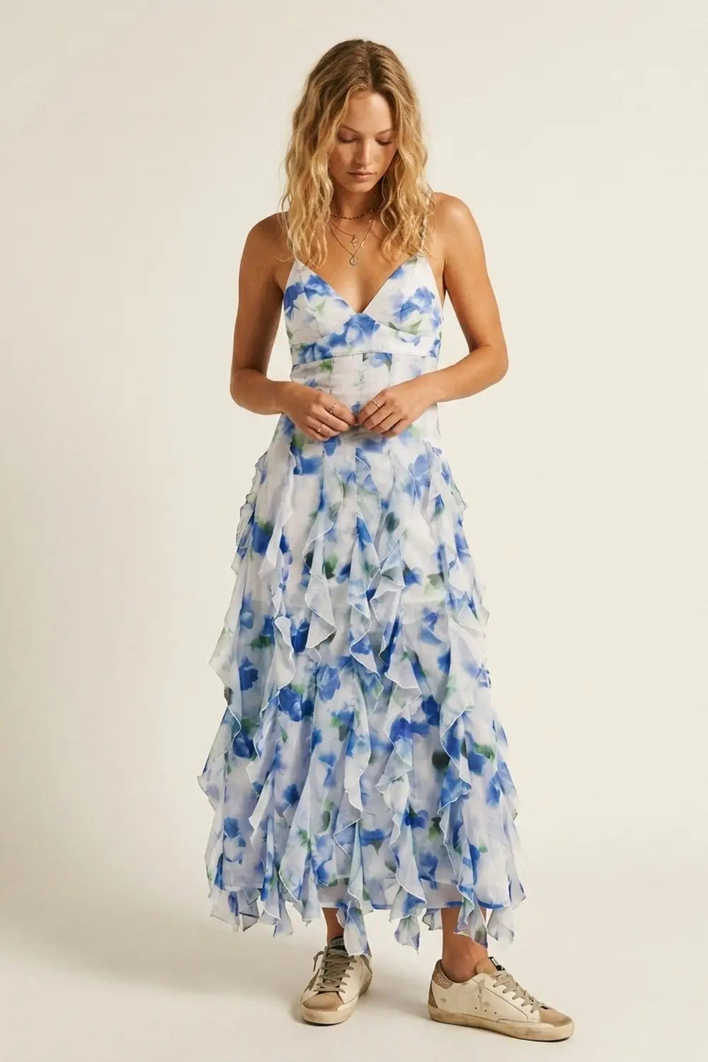 White and Blue Floral Maxi Prom Dress with Ruffles - Dresses