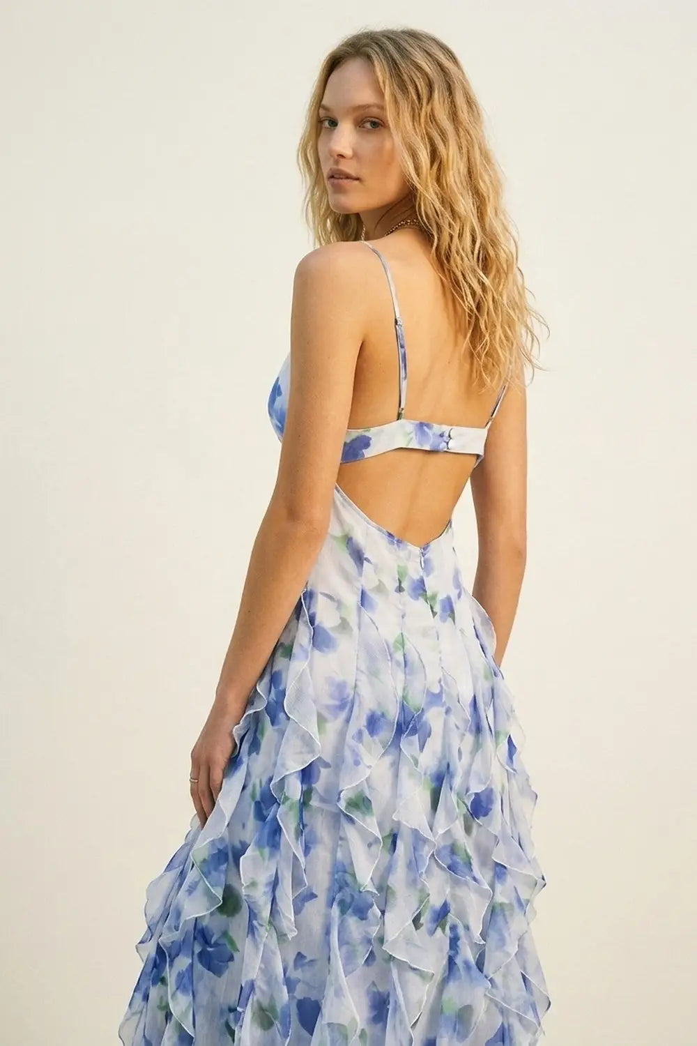 White and Blue Floral Maxi Prom Dress with Ruffles - Dresses
