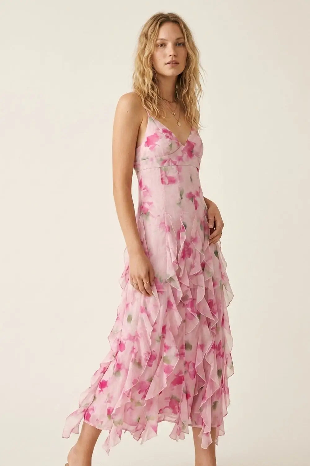 White and Pink Floral Maxi Prom Dress with Ruffles - Dresses