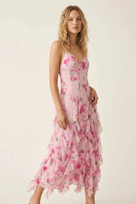 White and Pink Floral Maxi Prom Dress with Ruffles - Dresses
