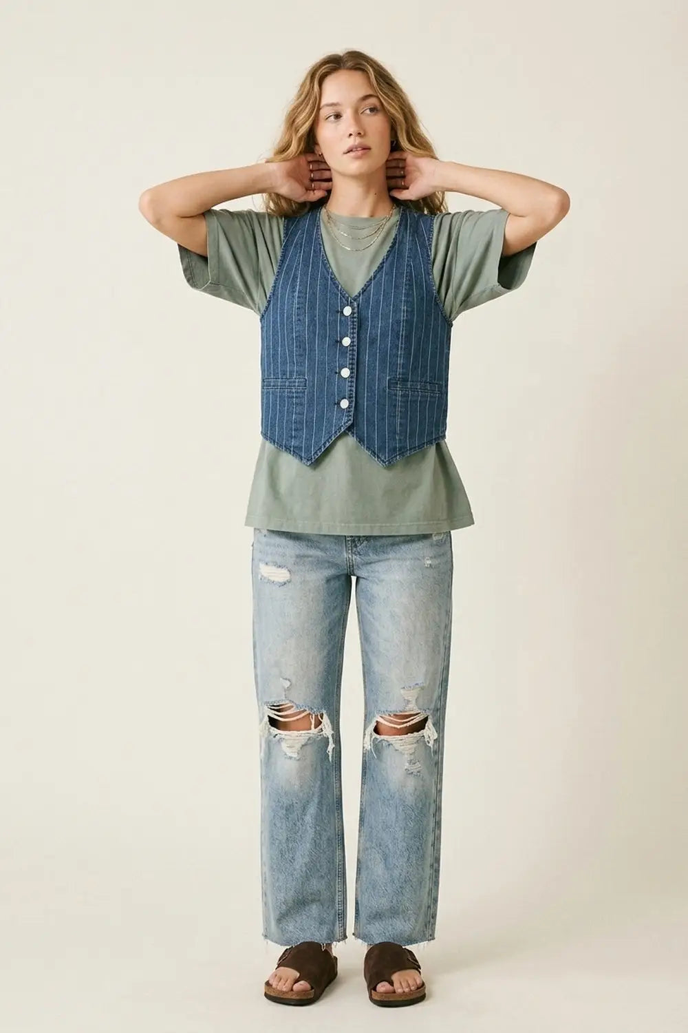 Blue Pinstripe Denim Button-Front Vest - Jackets
