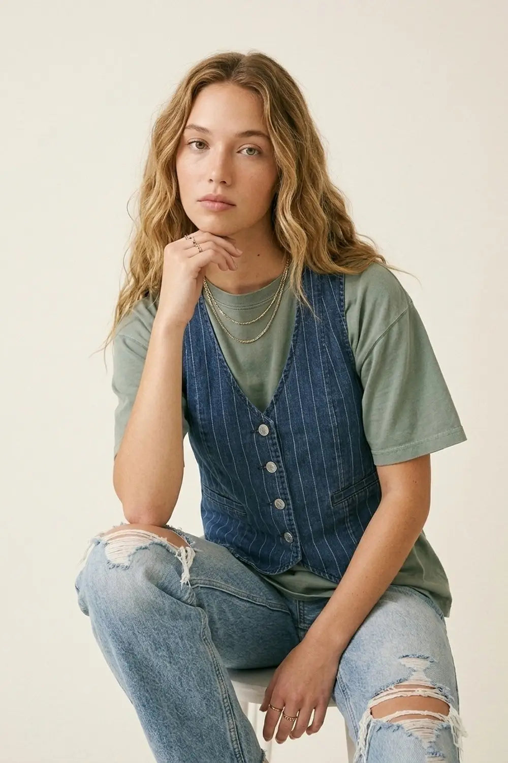 Blue Pinstripe Denim Button-Front Vest - Jackets