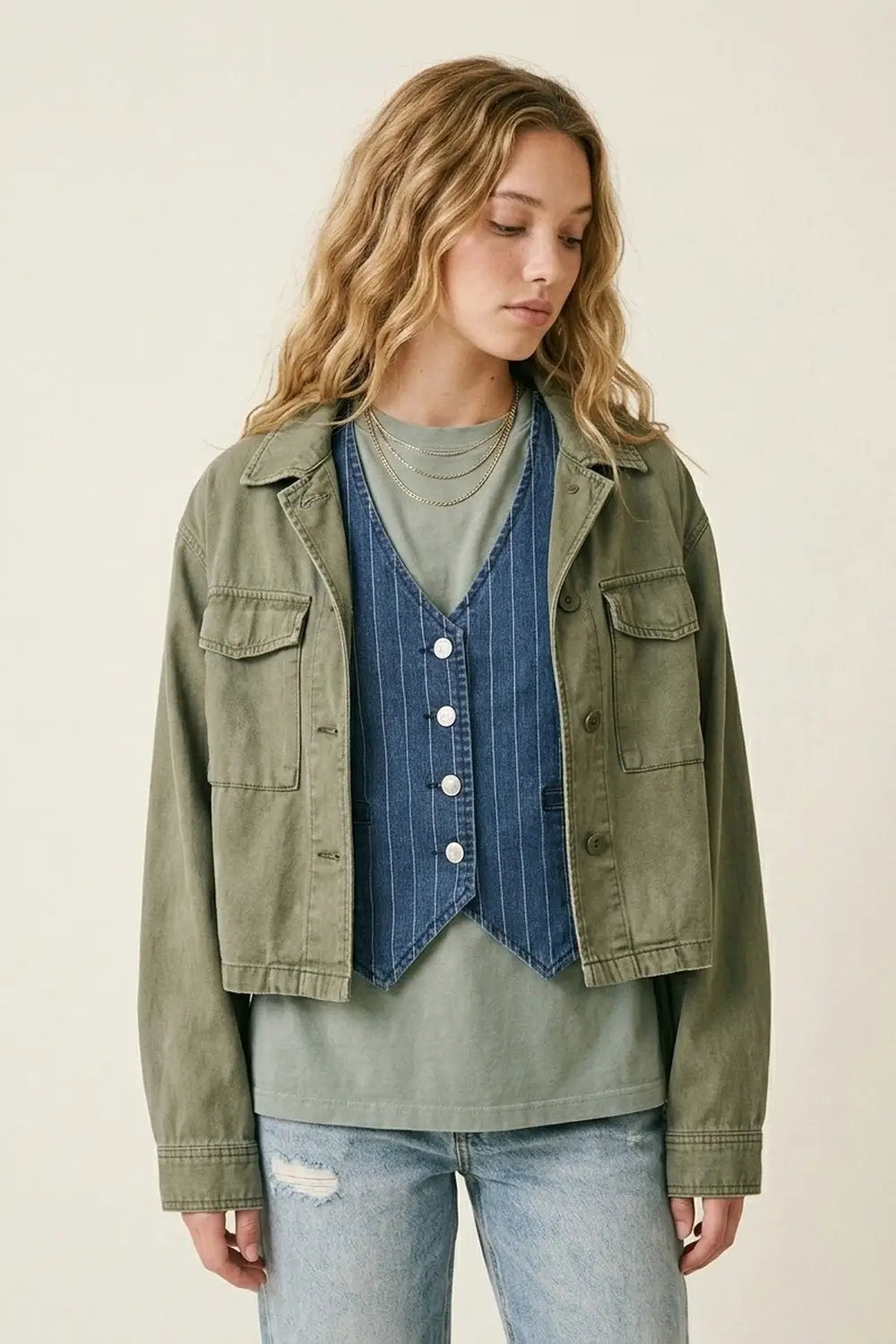 Blue Pinstripe Denim Button-Front Vest - Jackets