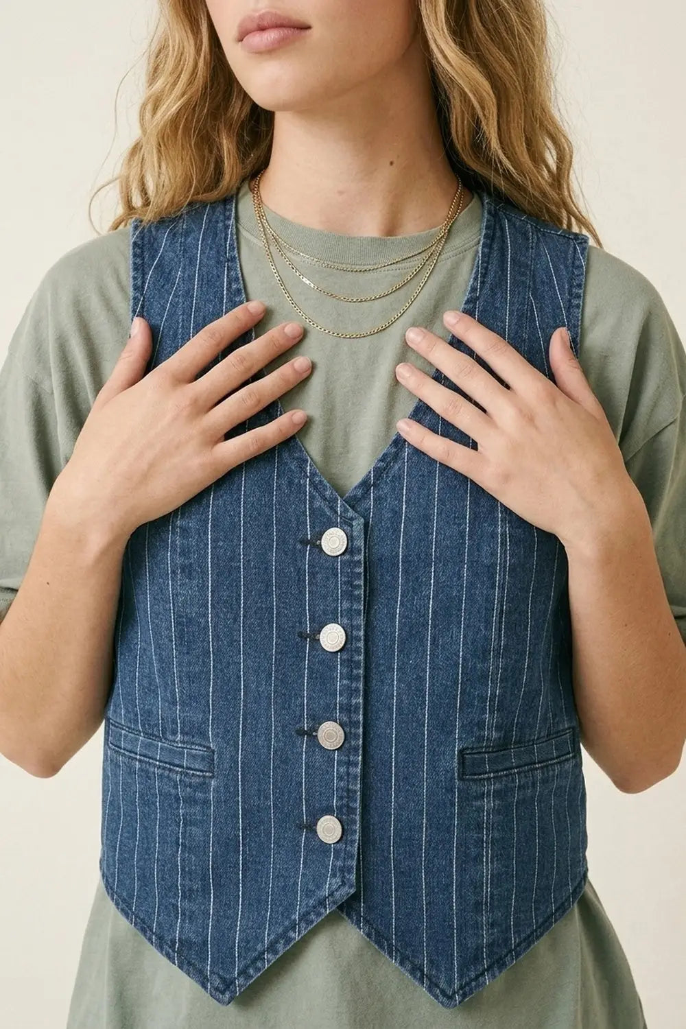 Blue Pinstripe Denim Button-Front Vest - Jackets