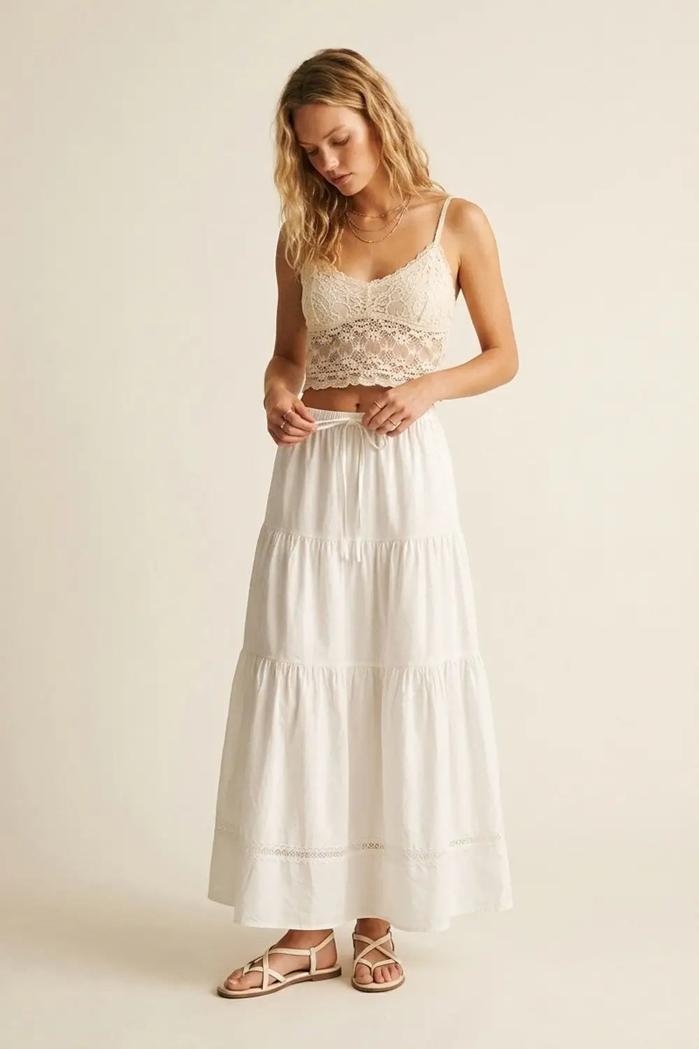 White poplin Maxi Skirt with Lace Detail - Skirts