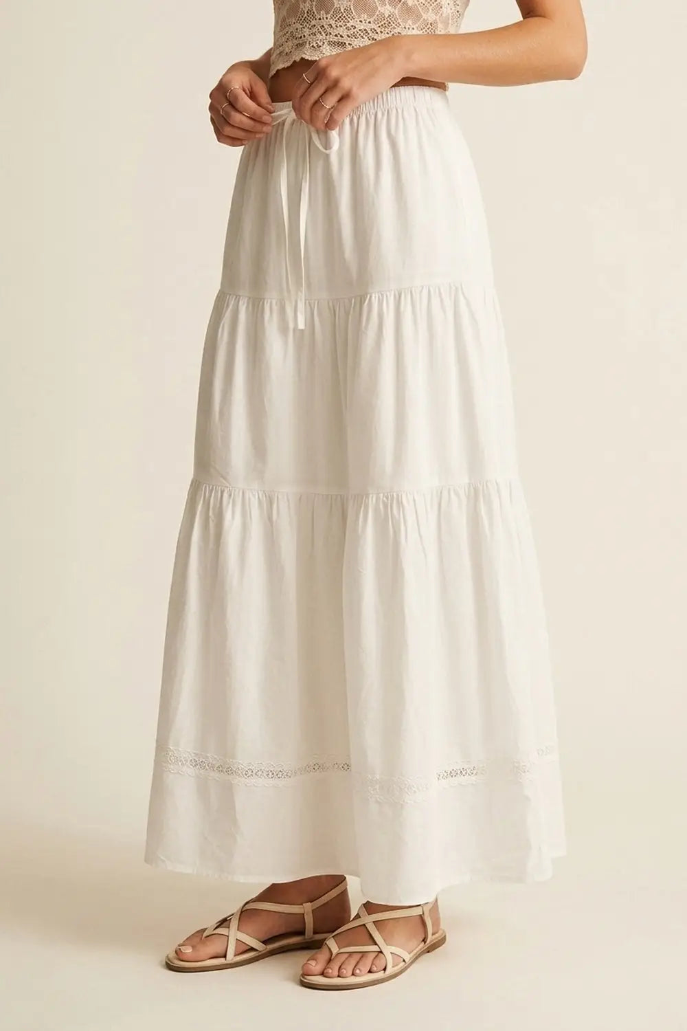 White poplin Maxi Skirt with Lace Detail - Skirts