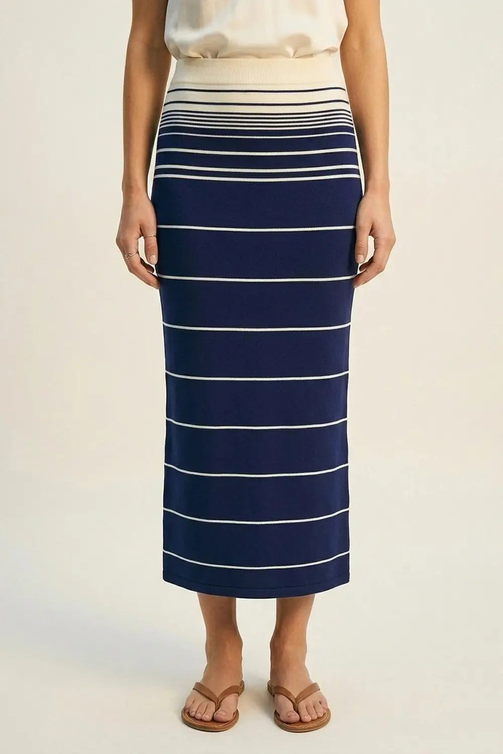 Navy Striped Knit Midi Skirt with Cream Waistband - Skirts
