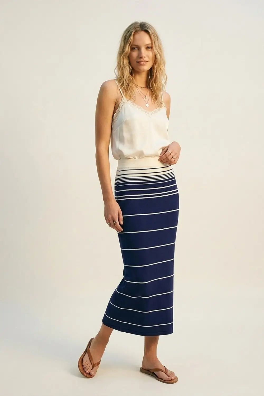 Navy Striped Knit Midi Skirt with Cream Waistband - Skirts