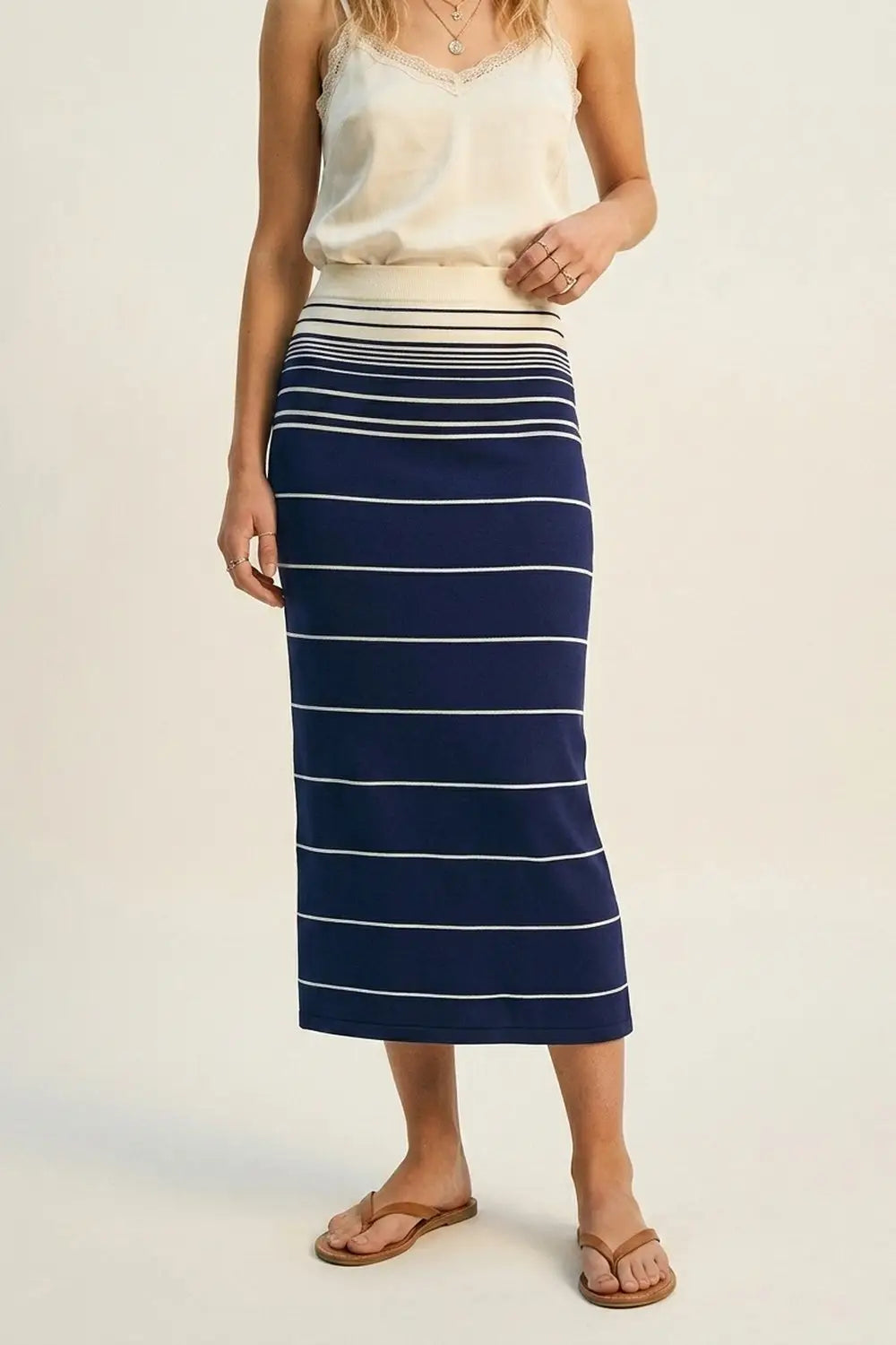 Navy Striped Knit Midi Skirt with Cream Waistband - Skirts