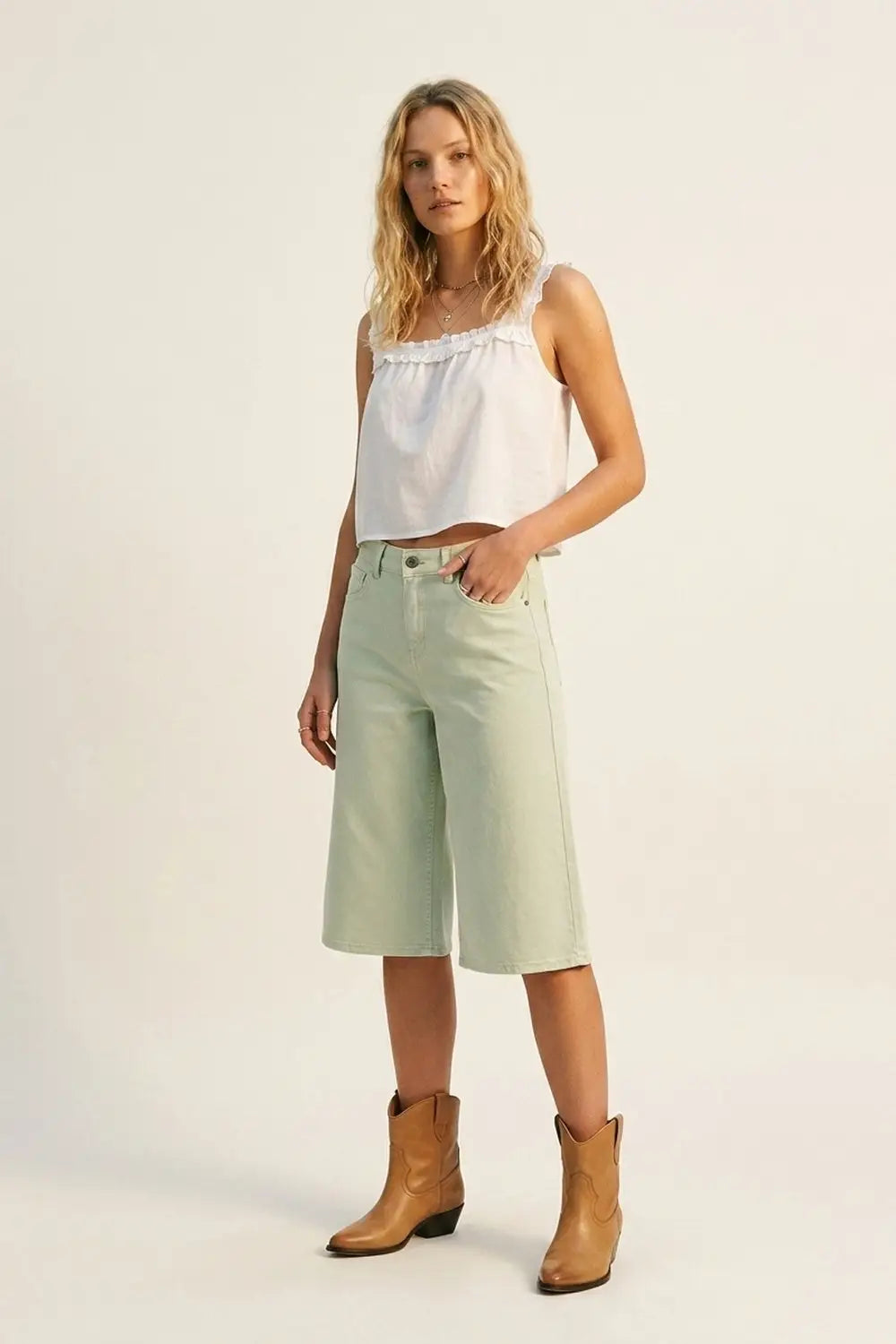 Stretch-denim Bermuda shorts in Mint Green - Pants